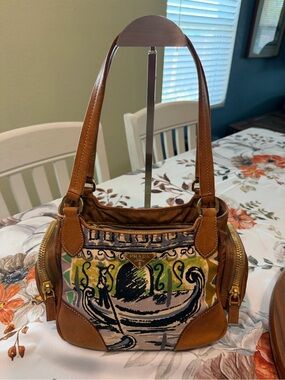 Prada ‘Venezia’ Gondola Print Canvas Vintage Shoulder Bag w/Brown Leather Trim